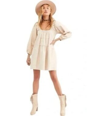 NWT Free People Lou Jean Baby Doll Dress Ecru Beige Cotton Pockets Sz S